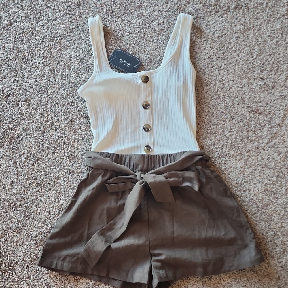 White Ribbed Tank Top with Brown Buttoned Shorts